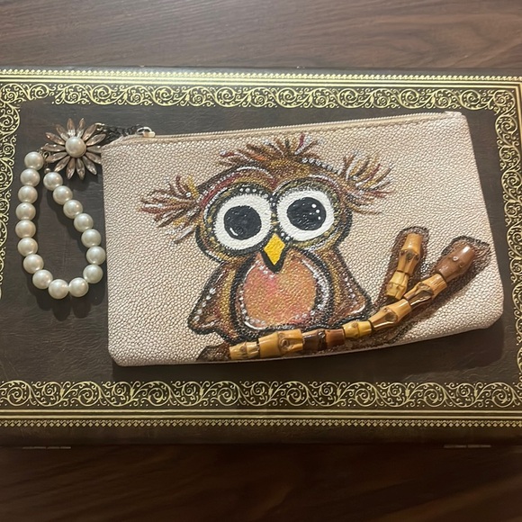 Hand Crafted Handbags - Hand Painted Upcycled Owl Detachable Custom Bracelet Wristlet